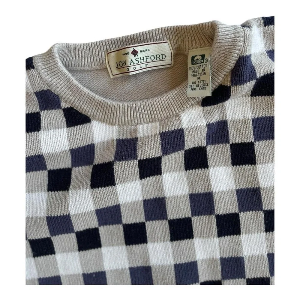 Vintage Men’s John Ashford Golf Tan Checkered Navy Blue White Cotton Sweater